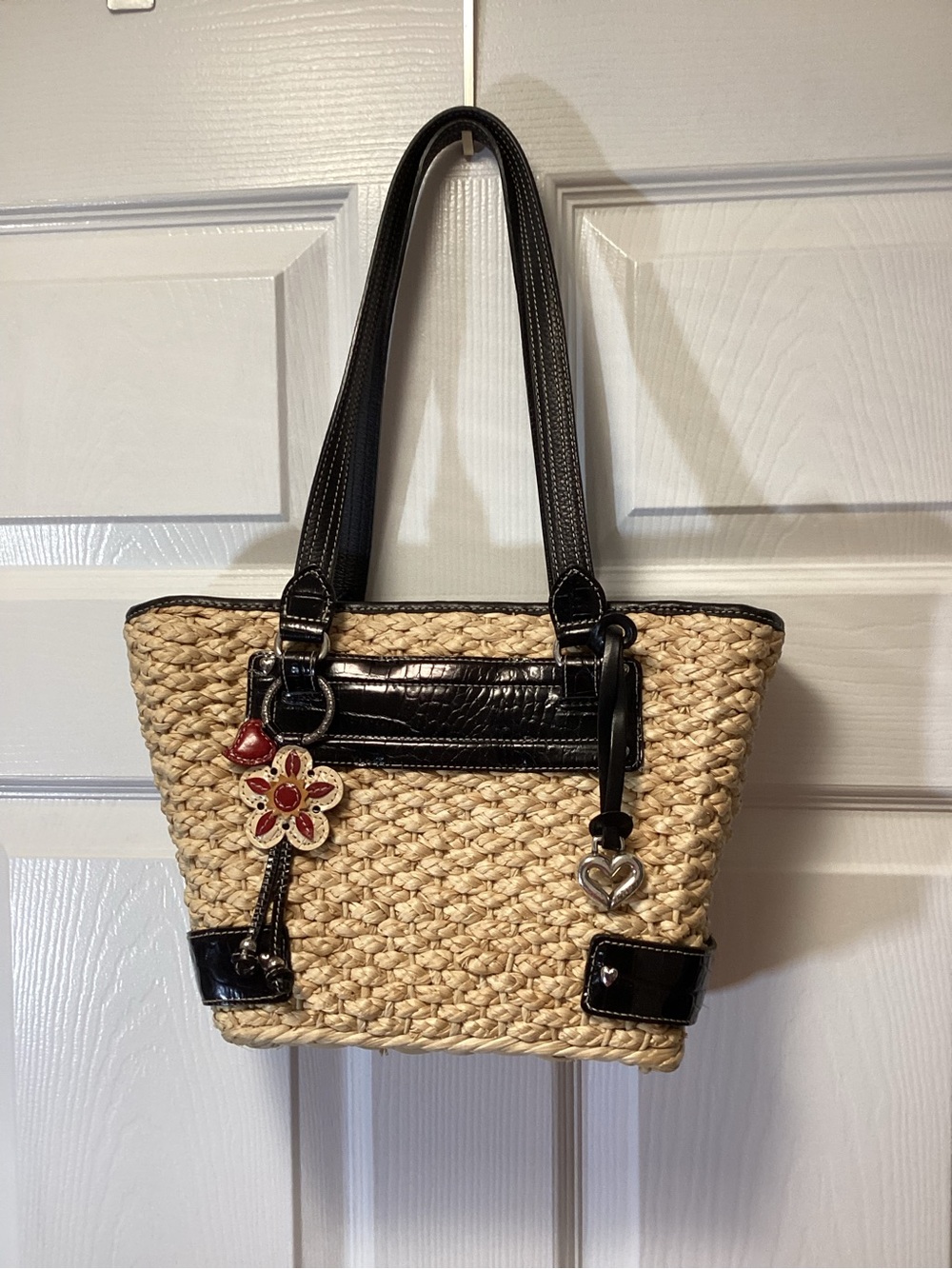 Brighton Handwoven Straw & Black Leather Handbag